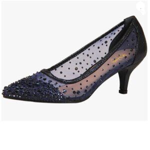 XYD Navy Pointed Closed Toe Slip On Graceful Mesh Rhinestone Kitten Heels Pumps